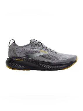 Brooks Men’s Adrenaline GTS 25 Gray and Black Running Shoe with Yellow Accents